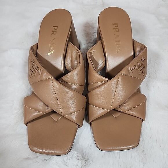 Prada - Cross Strap Leather Backless Sandal Slide Heel Pump Brown Size 7.5 - Picture 5 of 12
